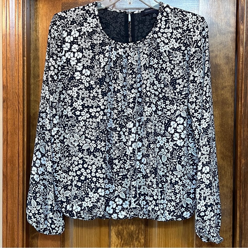 Tommy Hilfiger Blouse Floral Chiffon Sz S LIKE‎ NEW Dark Blue White